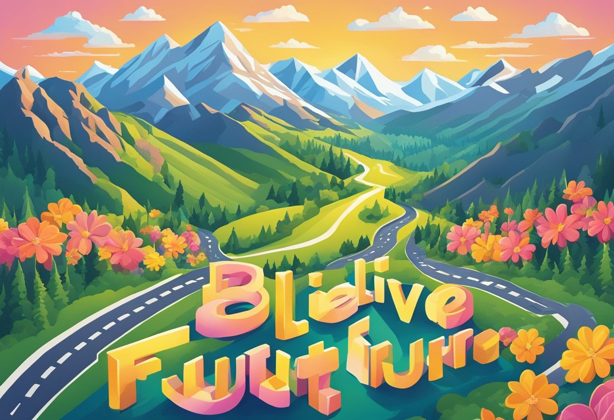 A bright sunrise over a mountain range with a path leading towards it, accompanied by the words "Believe in the future" in bold, vibrant letters