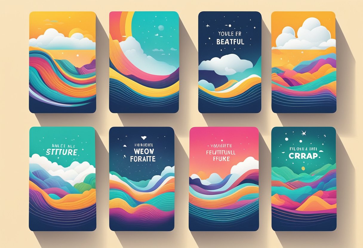 A stack of quote cards arranged in a neat row, with bold, inspiring words and vibrant colors, set against a backdrop of a bright, hopeful future