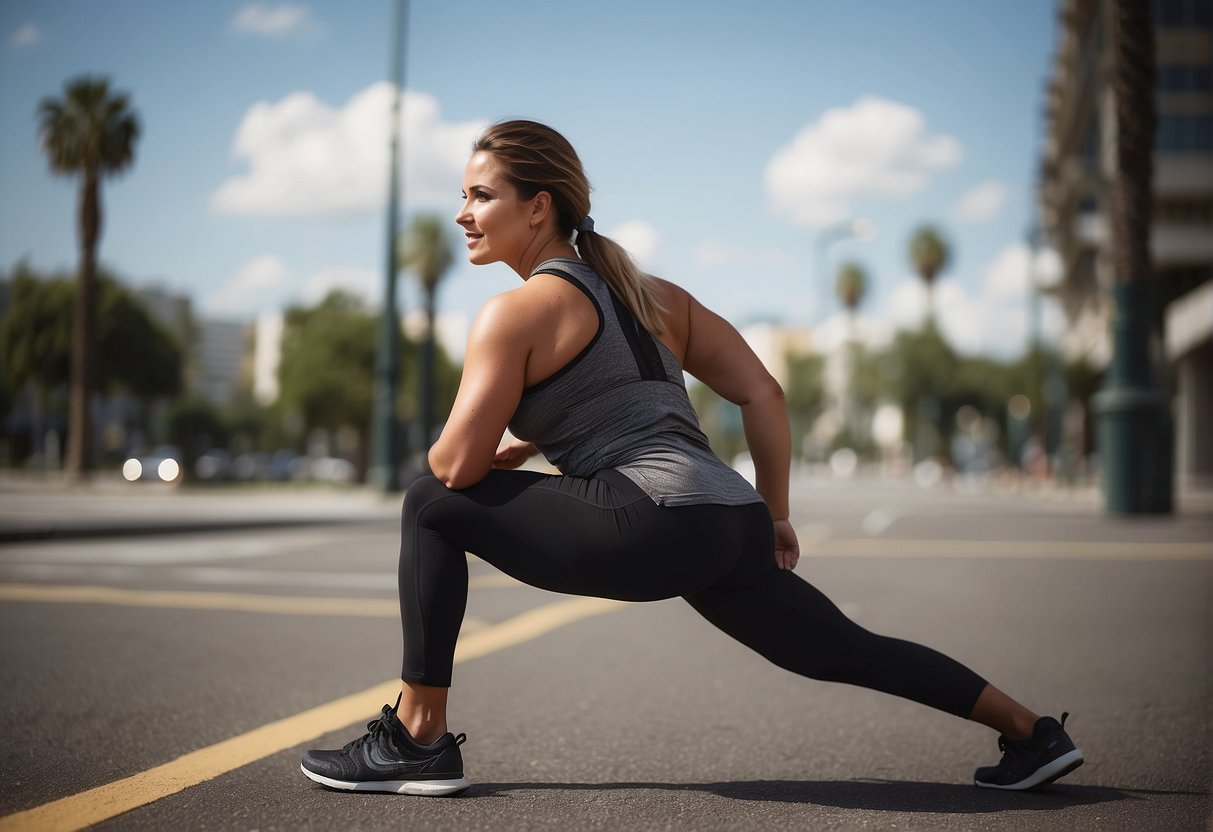 A figure stretches legs, arms, and back for squats