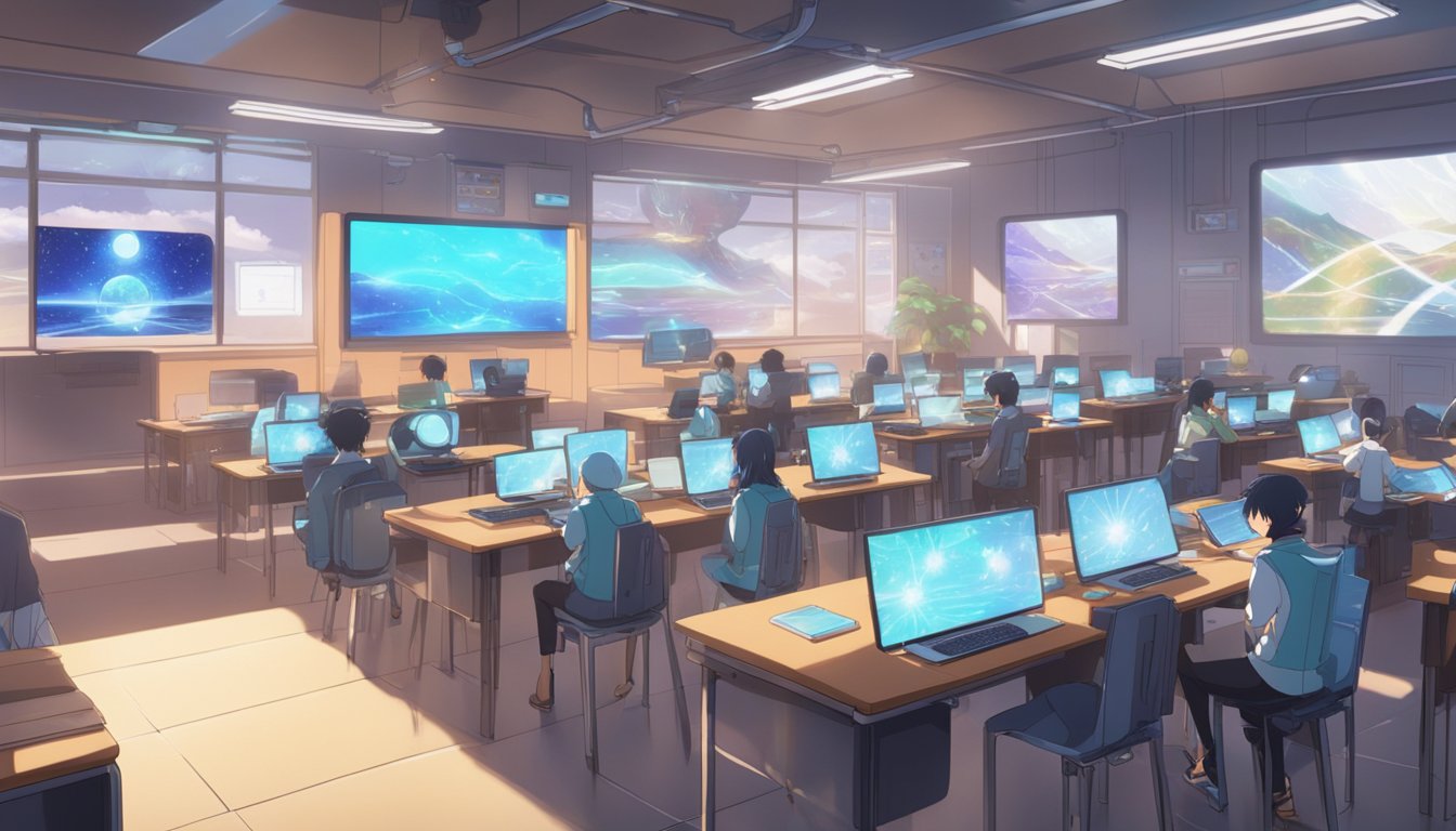 A futuristic classroom with holographic displays and interactive learning tools. Students engage with virtual simulations and AI tutors