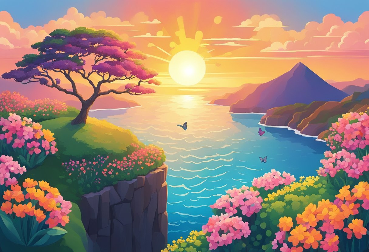 A bright sunrise over a calm ocean, with a lone tree standing tall on a cliff, surrounded by blooming flowers and a colorful butterfly