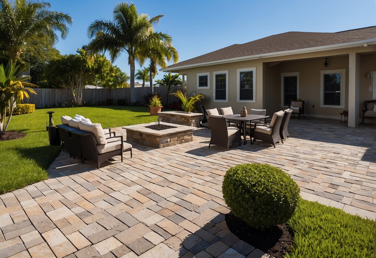 A backyard in Fort Myers with various paver options laid out to define outdoor spaces. Different textures and colors are showcased to help homeowners make a selection