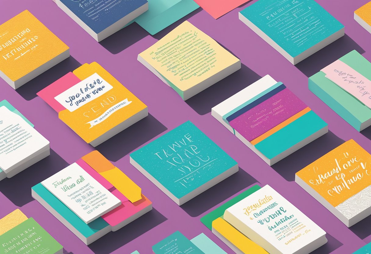 A stack of quote cards arranged in a neat row, with bold, empowering phrases printed in elegant script, surrounded by vibrant, uplifting colors