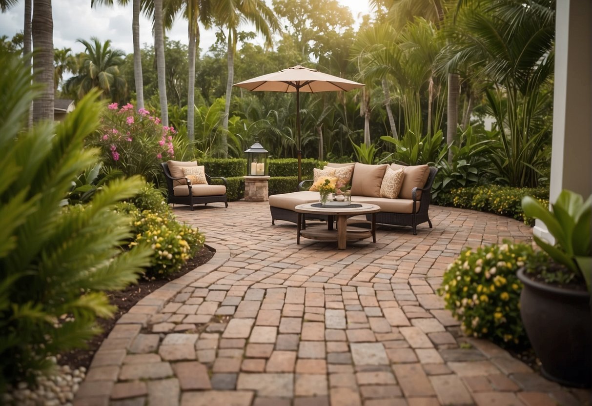 A backyard patio with pavers creating separate outdoor spaces, surrounded by lush greenery and flowering plants in Fort Myers