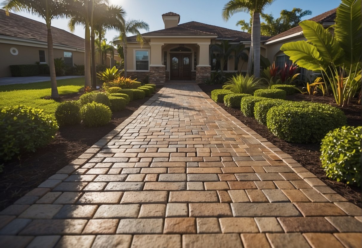 A backyard in Fort Myers features pavers creating defined outdoor spaces with a mix of natural stone and brick patterns, surrounded by lush landscaping