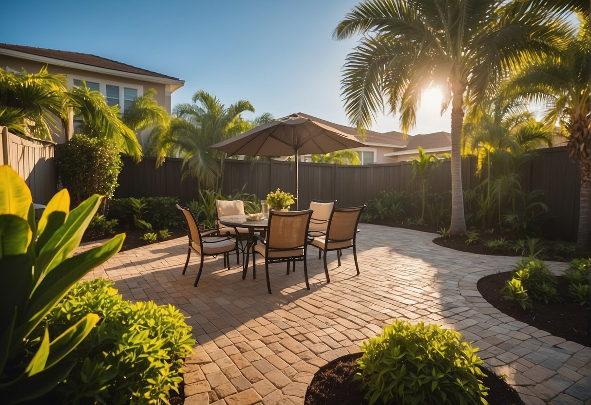 A backyard with pavers arranged to create defined outdoor spaces in a Fort Myers home. Lush greenery and a warm, sunny sky complete the scene