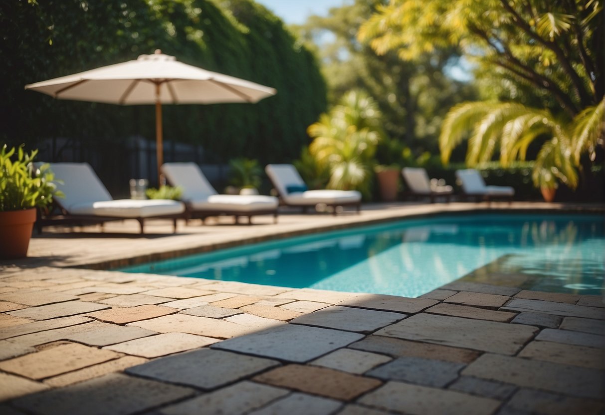 A sunny poolside area with various paver options laid out, surrounded by lush greenery and a sparkling pool in the background