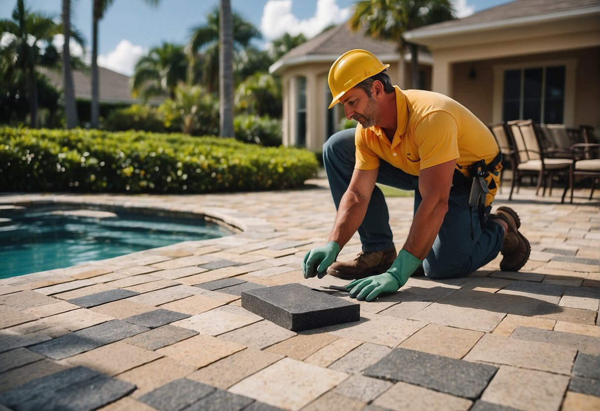 A worker lays out various paver options beside a pool, surrounded by lush landscaping in Fort Myers