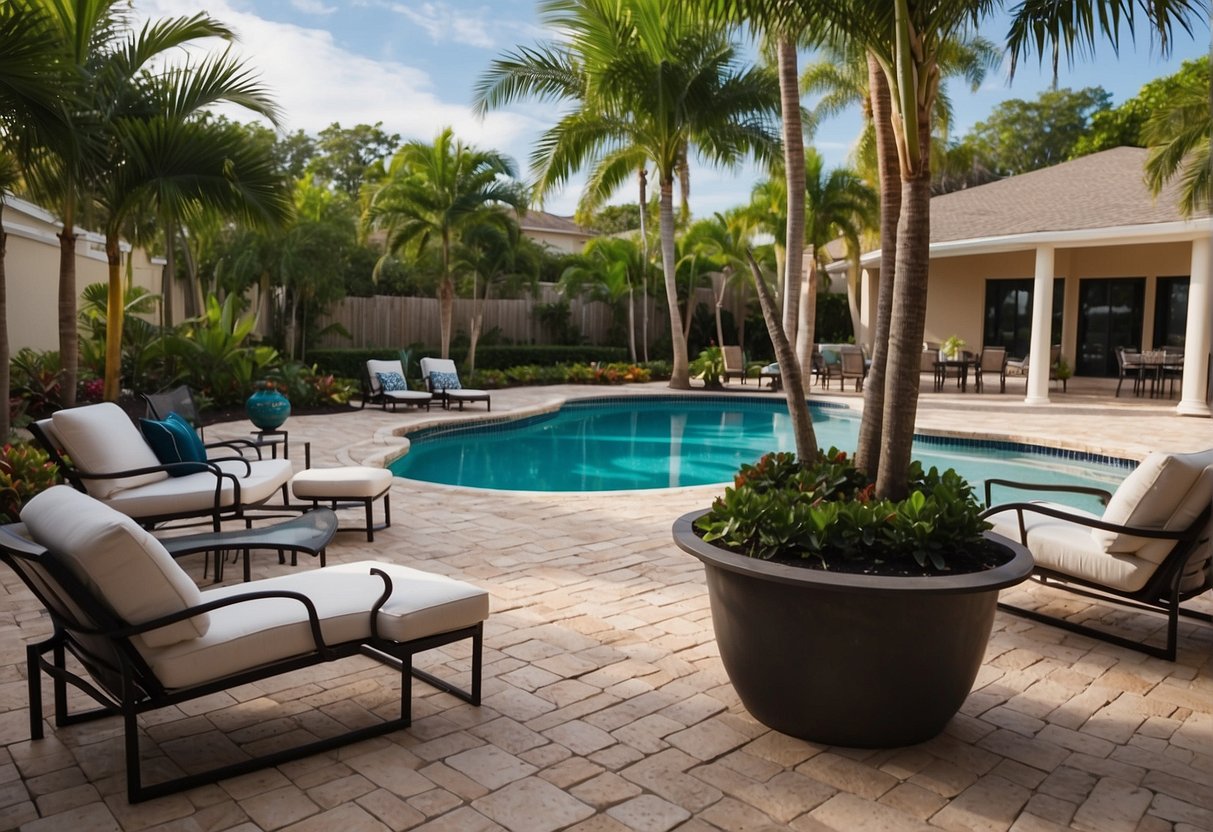 A spacious poolside area with carefully chosen pavers, surrounded by lush landscaping and comfortable outdoor furniture in Fort Myers