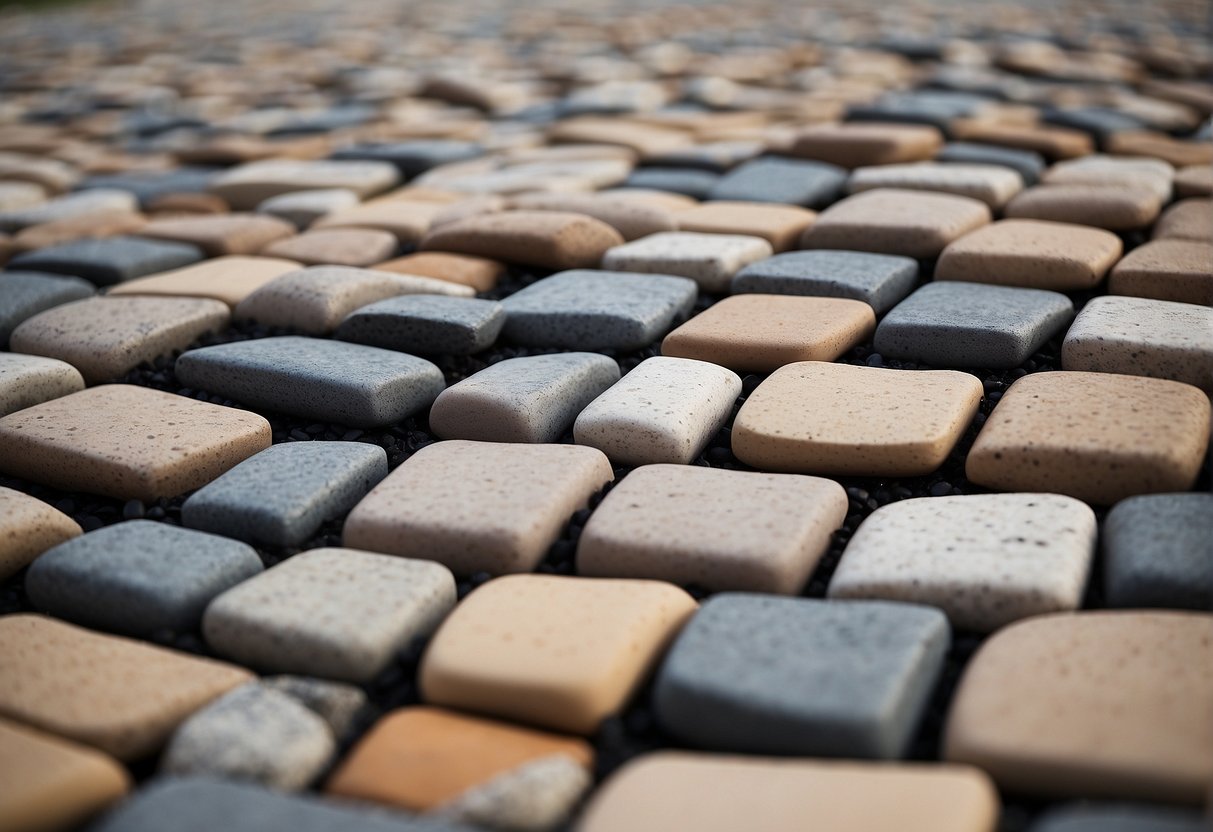 A variety of paver materials and accents are arranged in a hardscape design, showcasing different textures and colors in a Fort Myers landscape