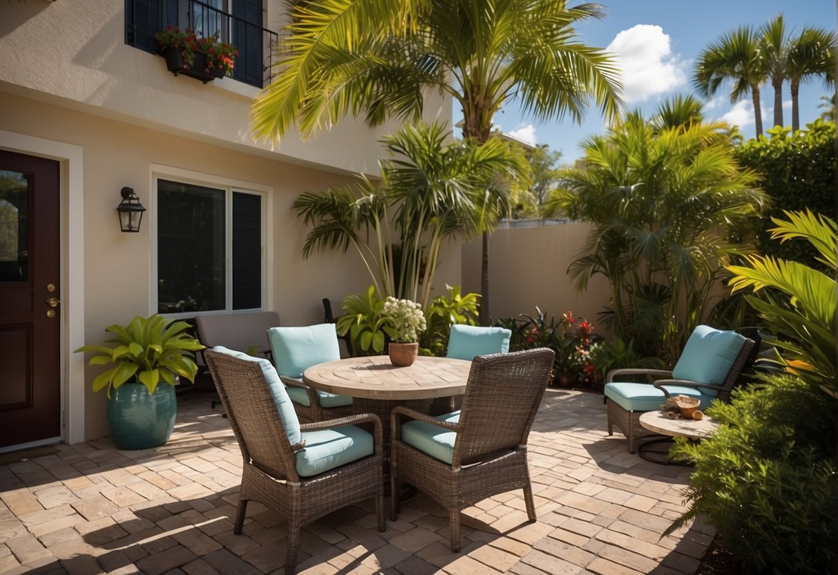 A backyard patio with a mix of paver accents, surrounded by lush greenery and outdoor furniture, under the warm Florida sun in Fort Myers