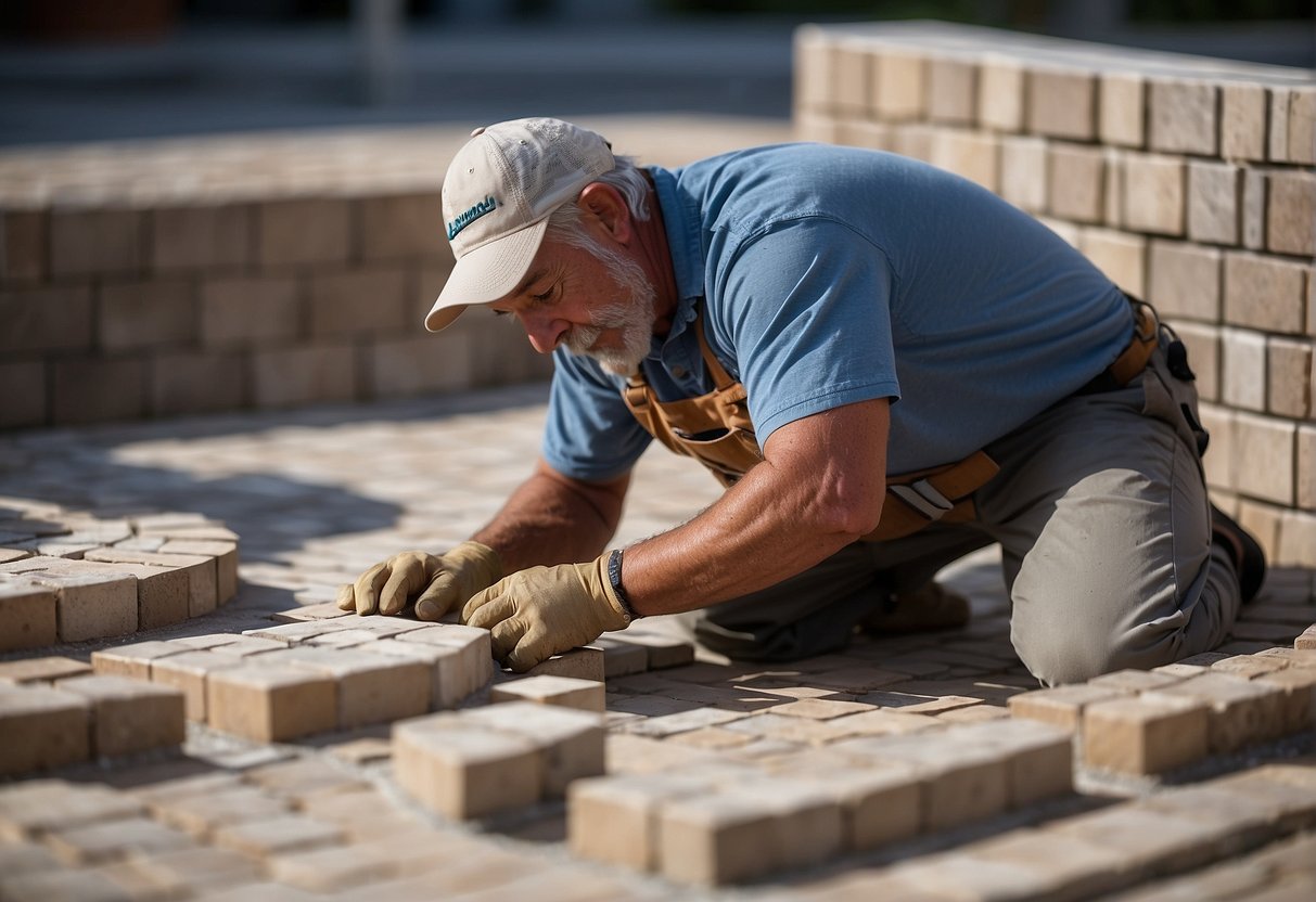 A skilled craftsman meticulously lays pavers, creating intricate patterns in a Fort Myers hardscape design. The installation showcases precision and attention to detail