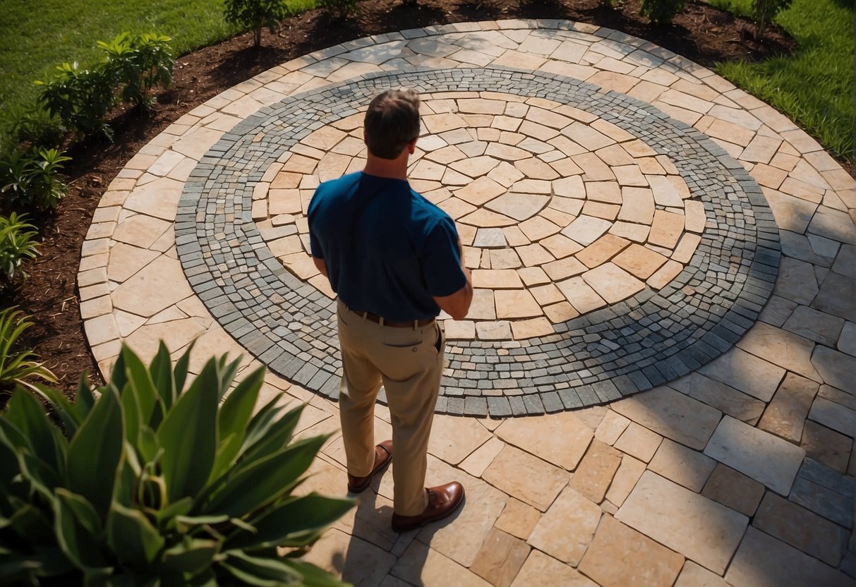 A customer admires a hardscape design featuring paver accents in a Fort Myers backyard. The intricate patterns and vibrant colors create a visually stunning and inviting outdoor space