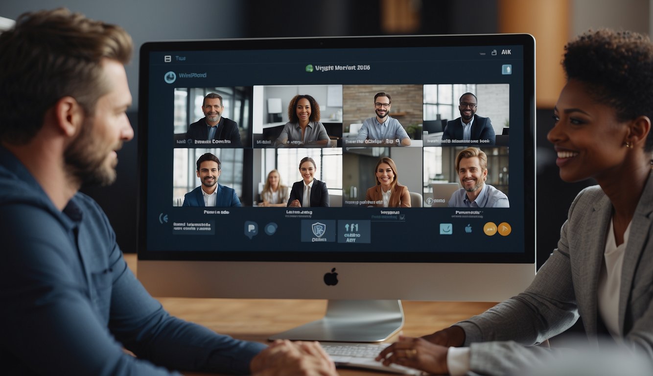 A virtual meeting with diverse participants engaged in discussion, sharing screens, and utilizing interactive tools for collaboration