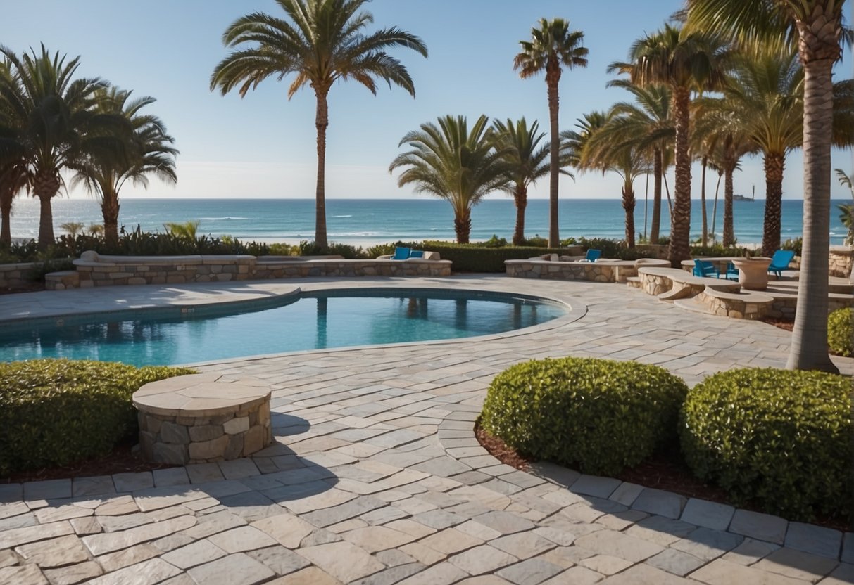 A beachfront patio with pavers in shades of blue and gray, leading to a pool area surrounded by palm trees and ocean views