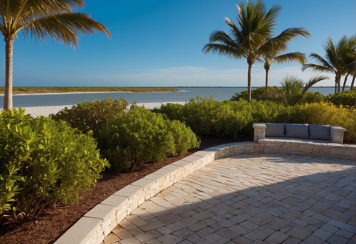 The scene shows a coastal Fort Myers beachfront property with durable and weather-resistant paver choices, surrounded by lush greenery and overlooking the serene ocean