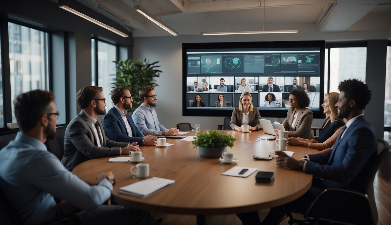 A virtual meeting with multiple participants engaging in discussion and collaboration through video conferencing, screen sharing, and interactive tools