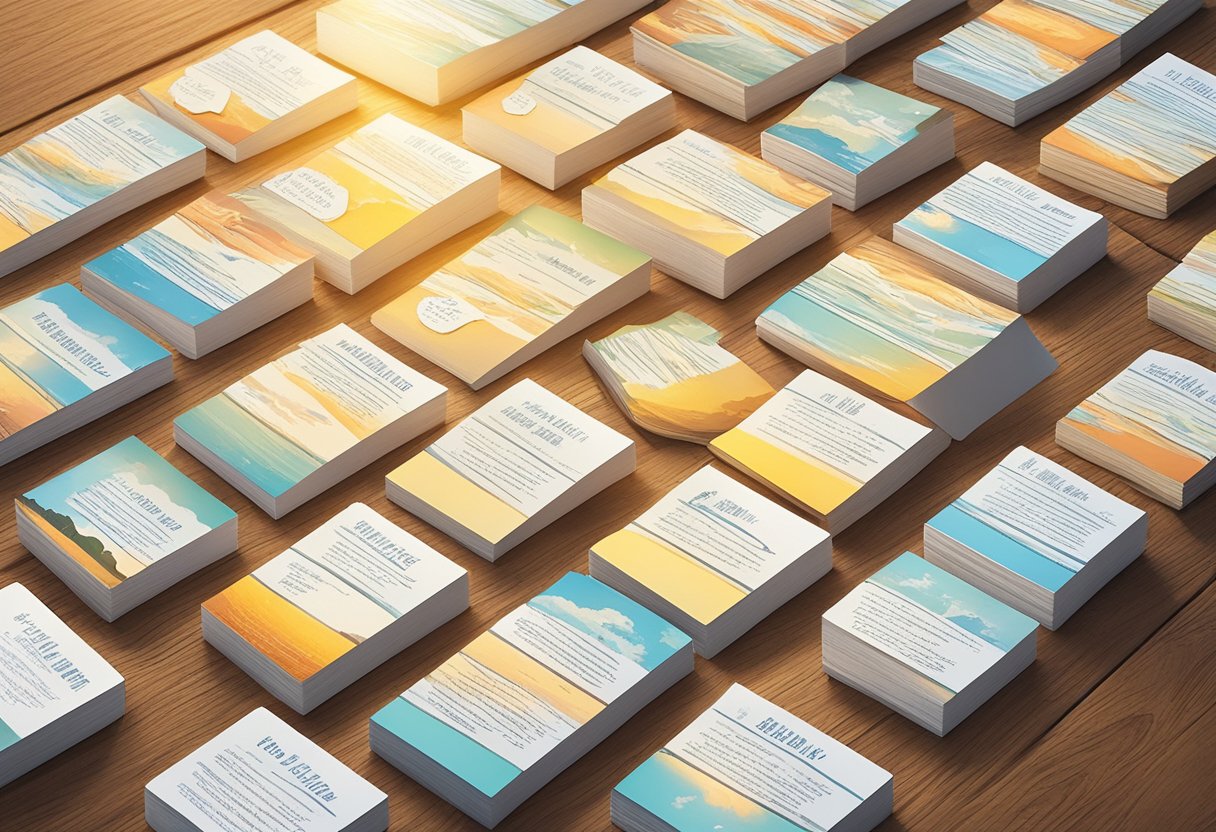 A bright sunrise over a calm horizon with a stack of quote cards, each with a different motivational message, arranged neatly on a wooden table