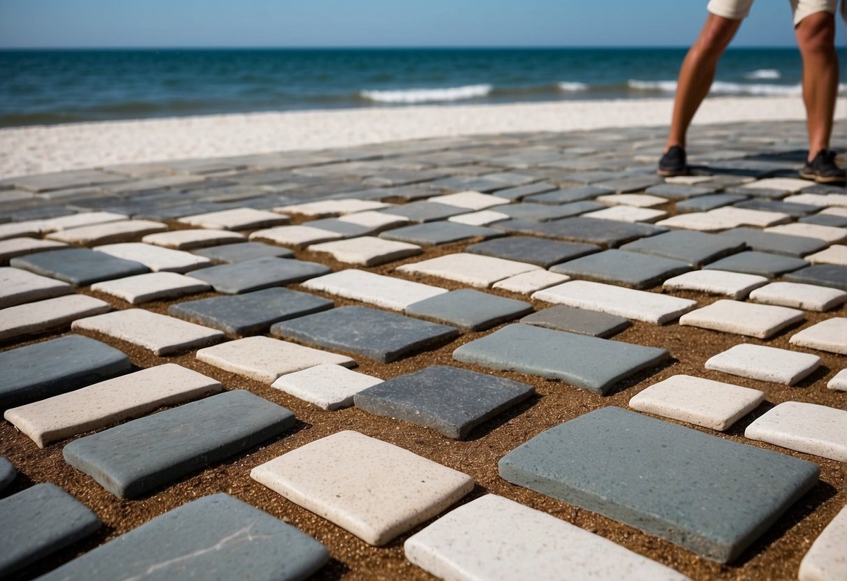 A person is choosing pavers for different beachfront properties in Fort Myers. The scene includes various types of pavers and coastal inspiration