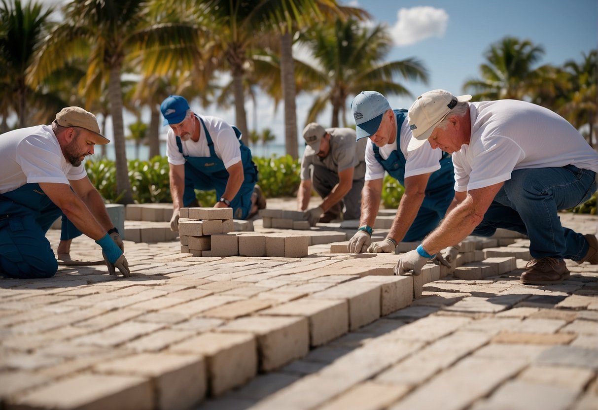 A team of professionals carefully lays down pavers on the beachfront property, showcasing the variety of choices available for Fort Myers