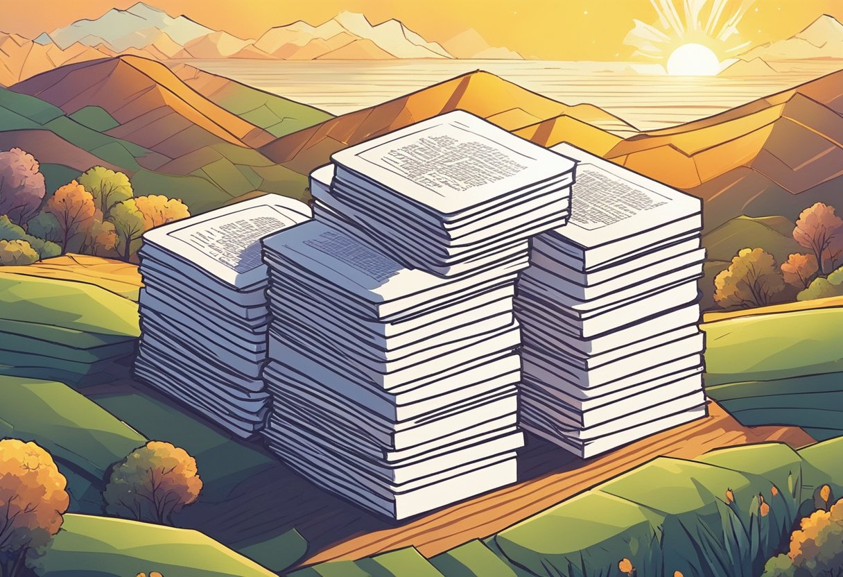 A bright sunrise over a serene landscape with a stack of quote cards on a table, each card displaying a different motivational quote