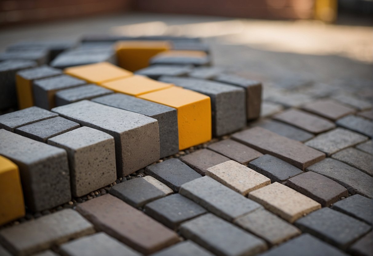 A variety of paver materials, such as concrete, brick, and natural stone, are arranged in a pattern. A measuring tape and a chart showing the lifespan of each material are placed nearby