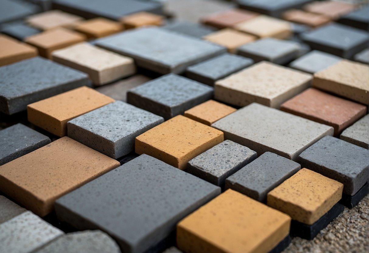 A variety of paver materials, such as concrete, brick, and natural stone, are shown in different stages of wear and tear to illustrate their lifespan and maintenance needs