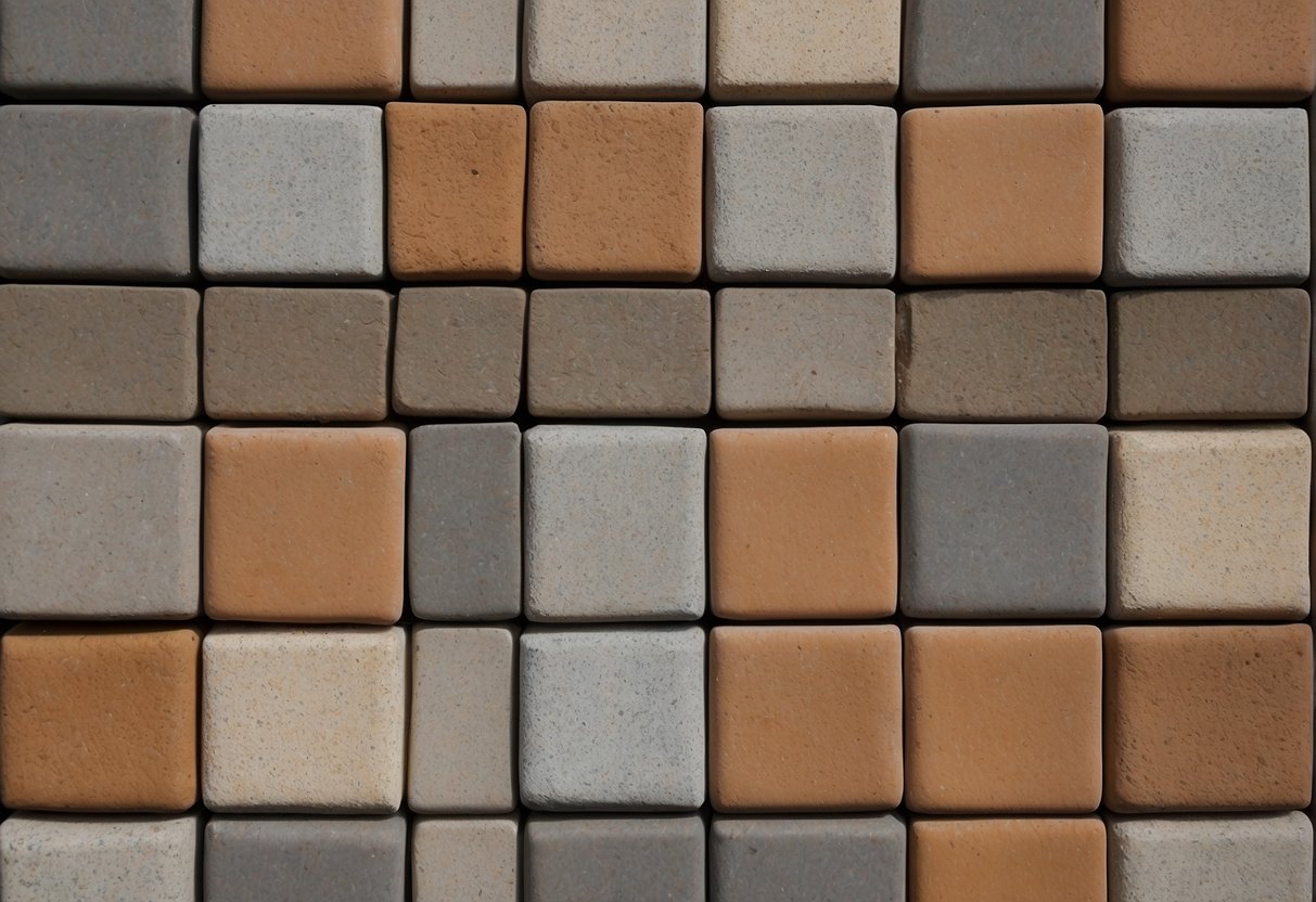 A variety of paver materials laid out in a grid pattern, with diagrams showing their lifespan and structural integrity