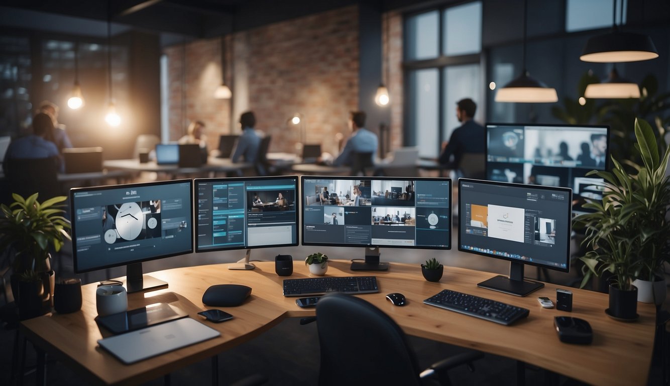 A cluttered virtual meeting space with multiple screens, tired expressions, and a clock showing extended hours