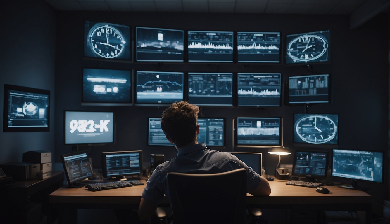 A person sitting at a desk surrounded by screens, looking fatigued. A clock on the wall shows the passing of time. The room is dimly lit, with a sense of exhaustion and strain in the air