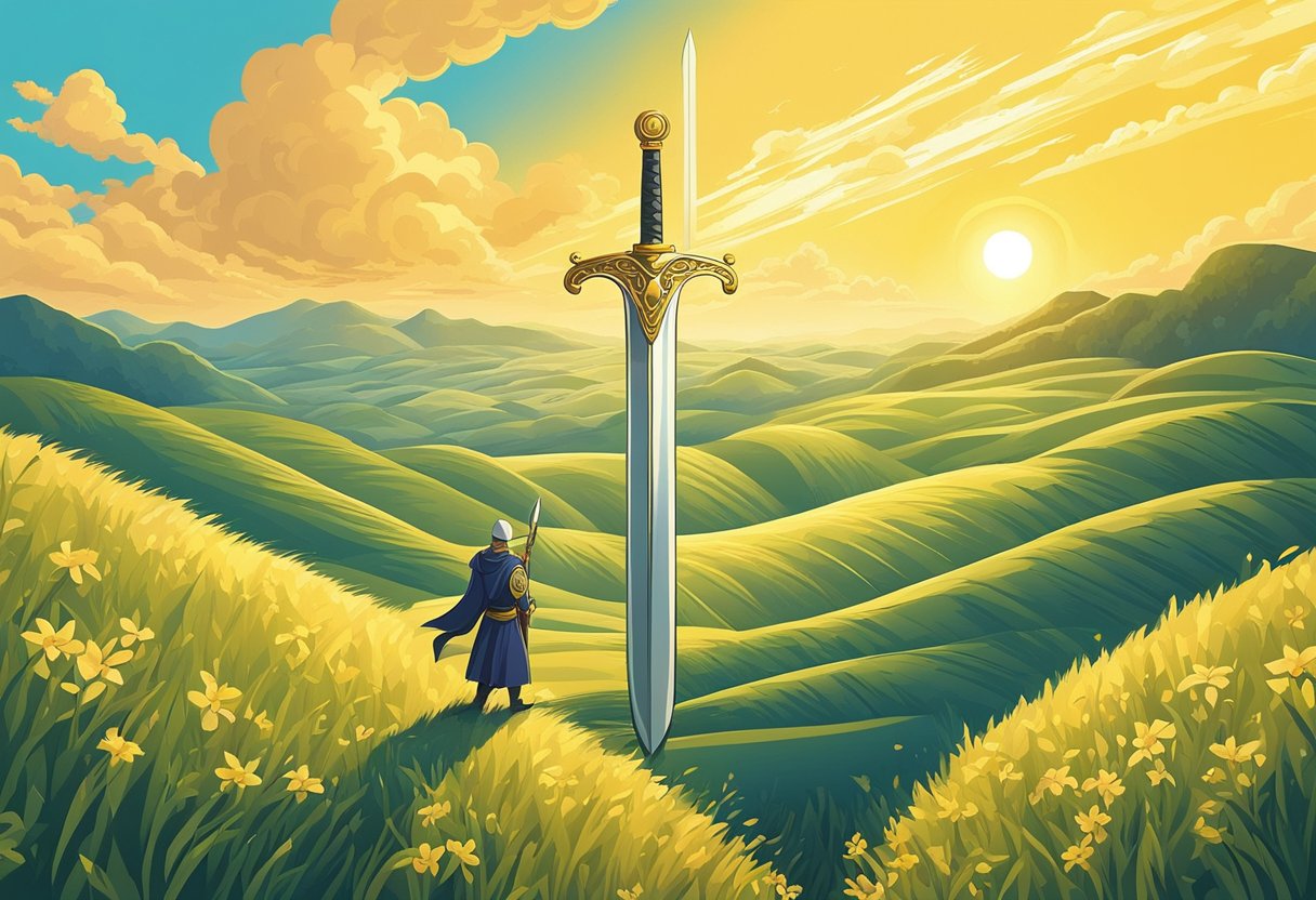 A lone sword stands upright in a field, surrounded by swirling winds and illuminated by the golden rays of the setting sun
