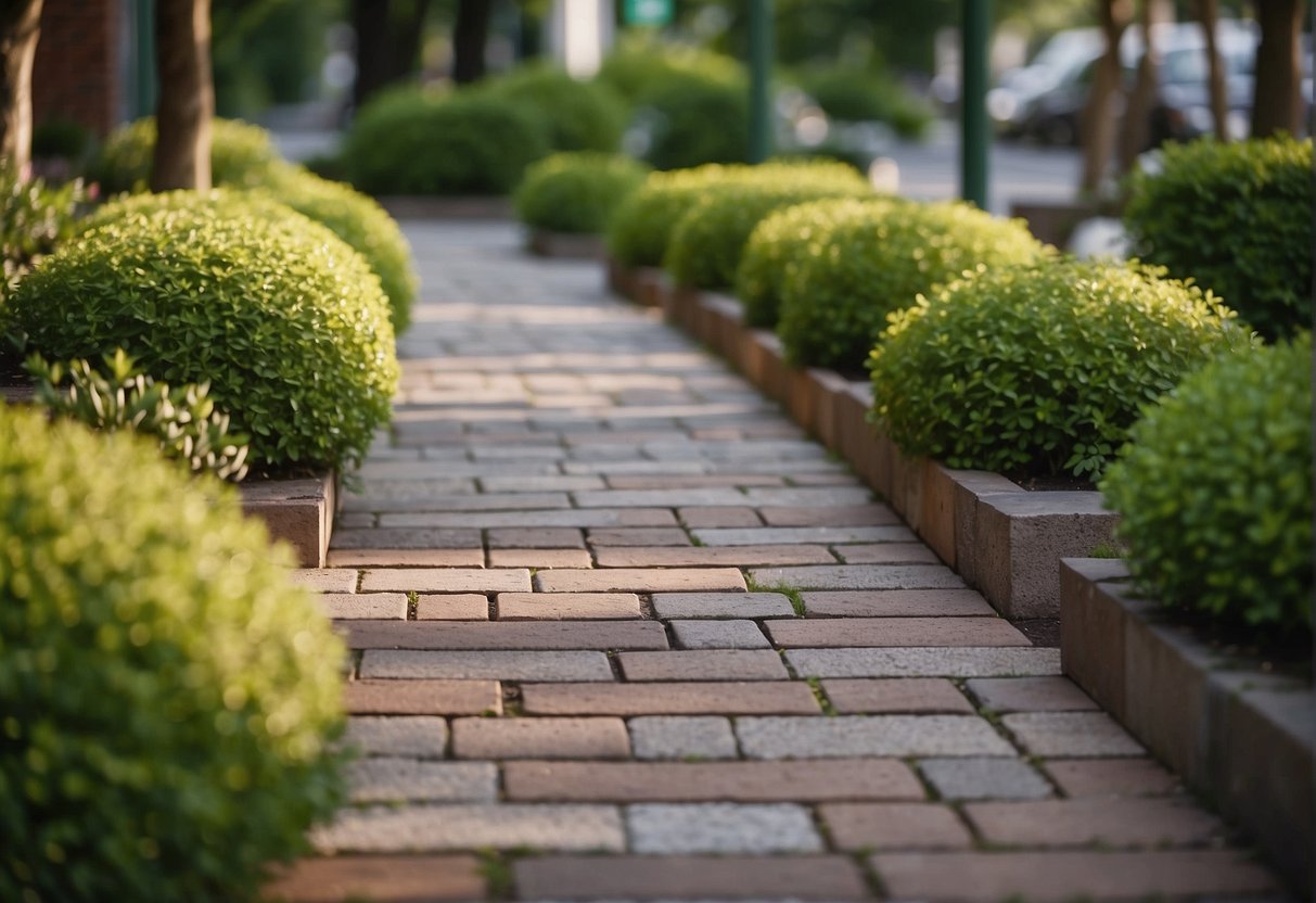 A paved walkway with various types of pavers, surrounded by greenery and showing signs of regular maintenance and care