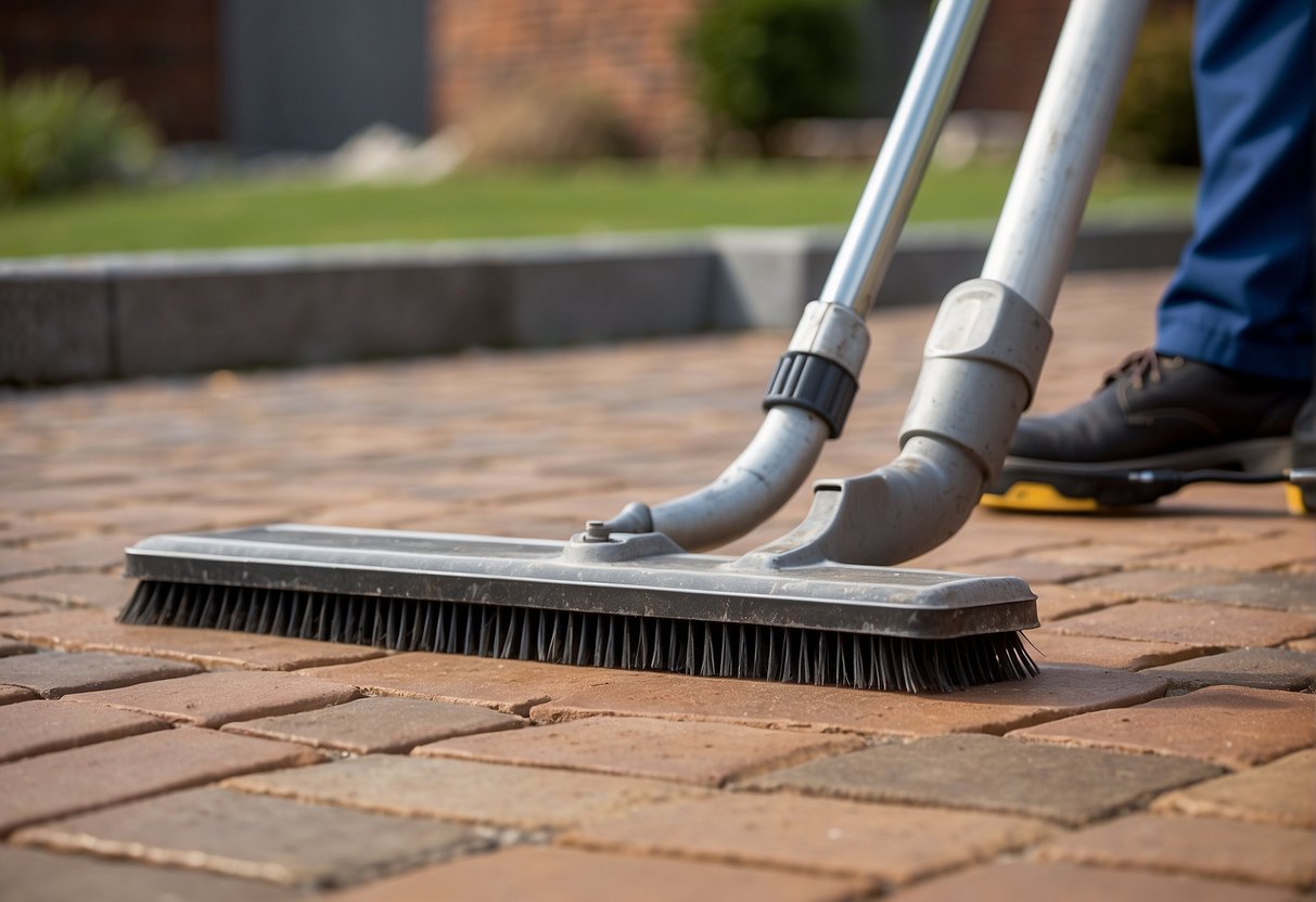 A paver maintenance scene with a broom sweeping debris, a pressure washer cleaning the surface, and a sealant being applied for protection