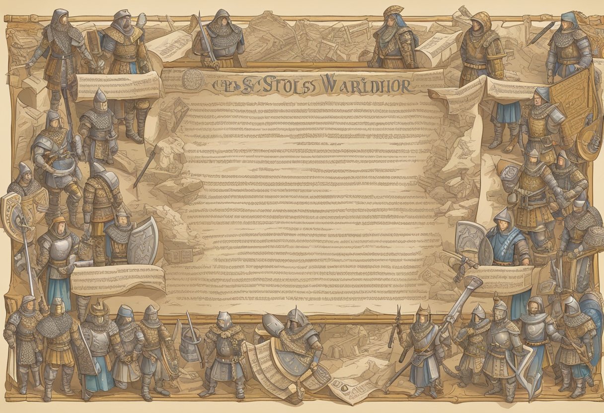 A group of powerful warrior quotes arranged on a parchment scroll, surrounded by ancient battle weapons and armor