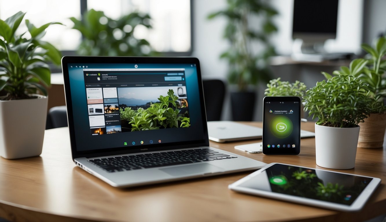 A table with a laptop, tablet, and smartphone connected to a video conferencing platform, surrounded by office supplies and plants