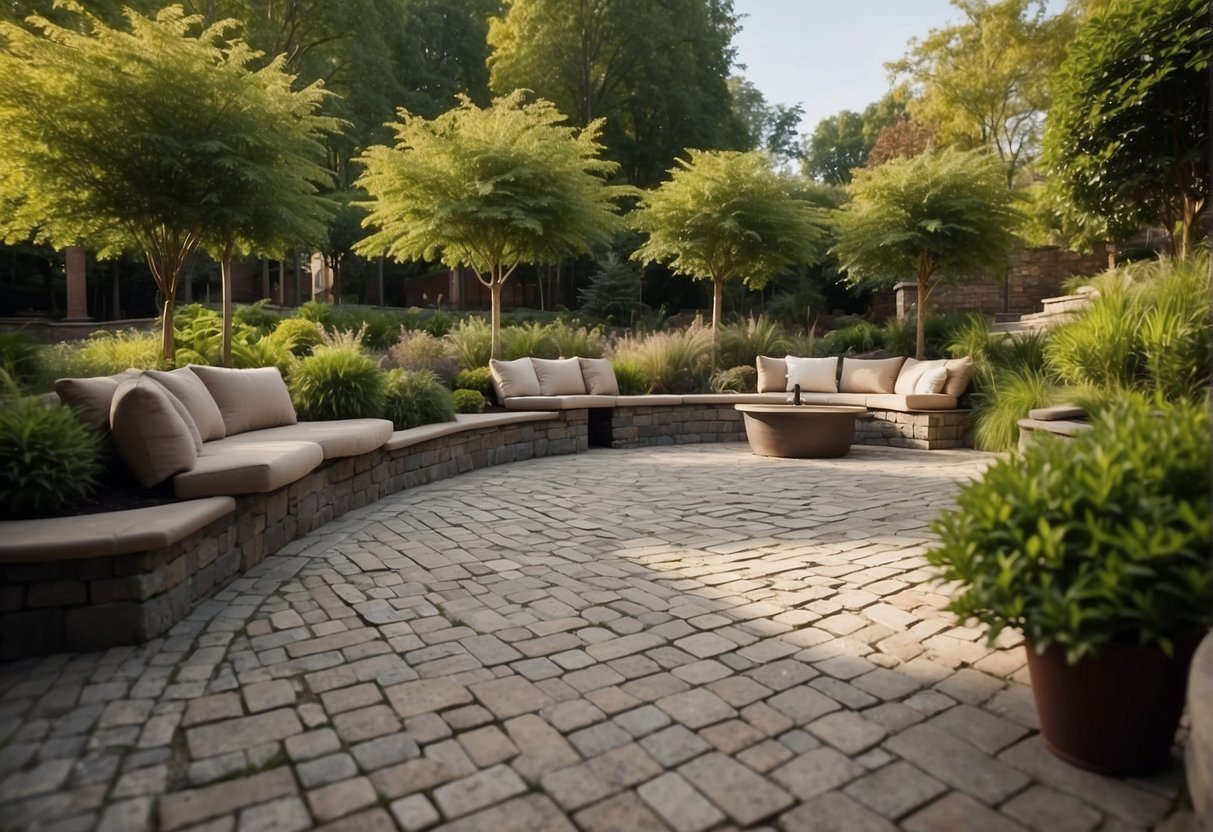 A landscaped outdoor space with well-maintained pavers, surrounded by lush greenery and functional seating areas