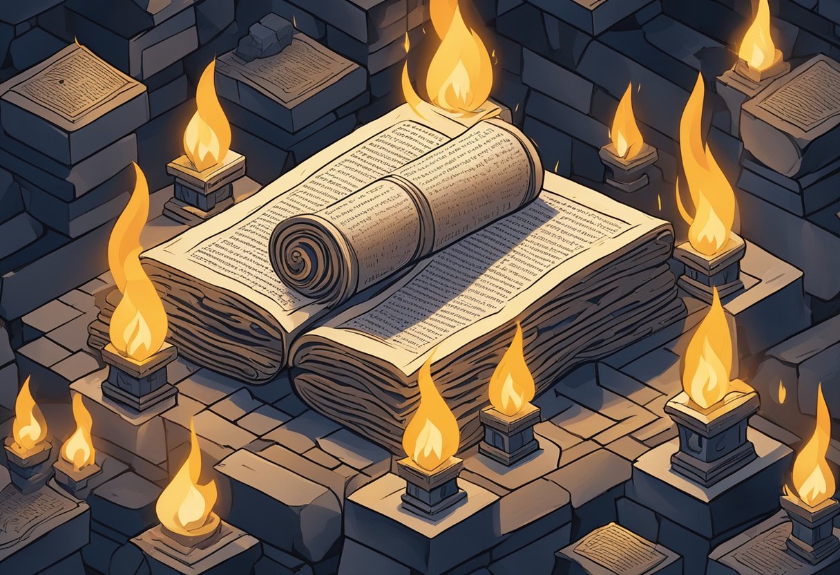 A pile of ancient scrolls with warrior quotes, surrounded by flickering torches in a dimly lit stone chamber