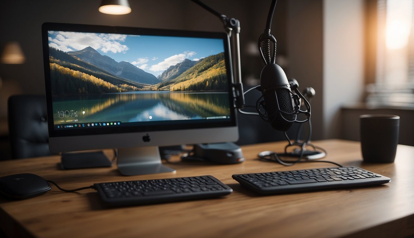 A desk with a laptop, webcam, and microphone set up for a virtual meeting. A comfortable chair and good lighting complete the scene