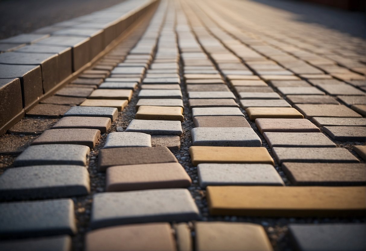 A row of pavers of different materials and designs, each showing signs of wear and tear. A chart displaying maintenance costs in the background