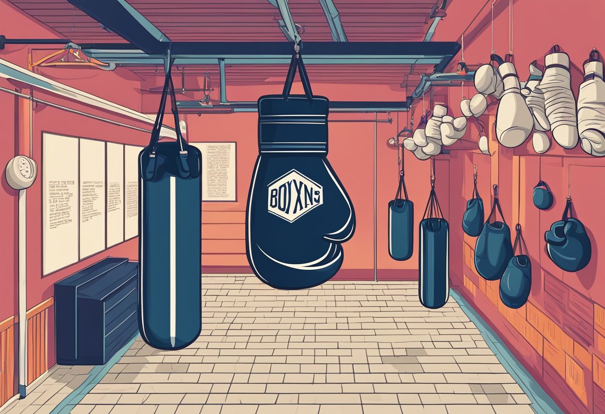 A boxing glove hangs on a gym wall, with a motivational quote written in bold letters above it