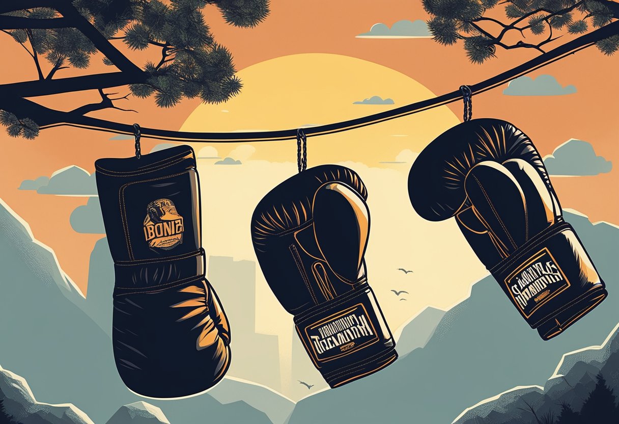A lone pair of boxing gloves hangs from a rugged tree branch, surrounded by motivational quotes and images of champions. The sun sets in the background, casting a warm glow over the scene