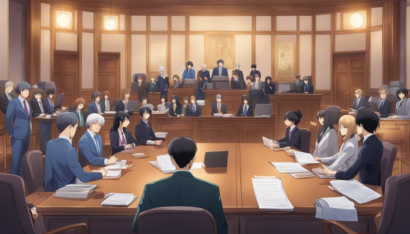 A courtroom with diverse legal professionals discussing sex doll industry regulations, surrounded by global social and legal documents