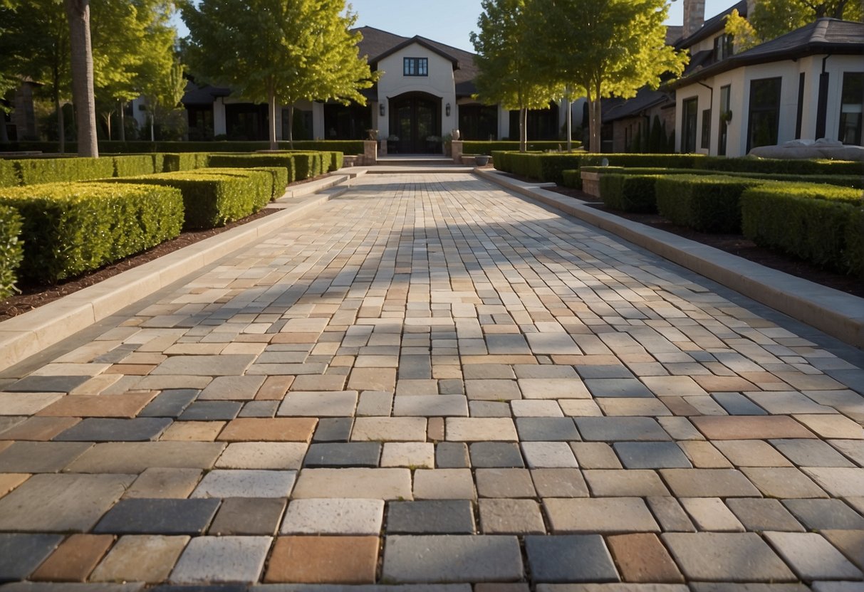 A variety of paver options are laid out in a landscaped area, showcasing different colors, textures, and patterns. Aesthetic appeal and maintenance costs are being compared