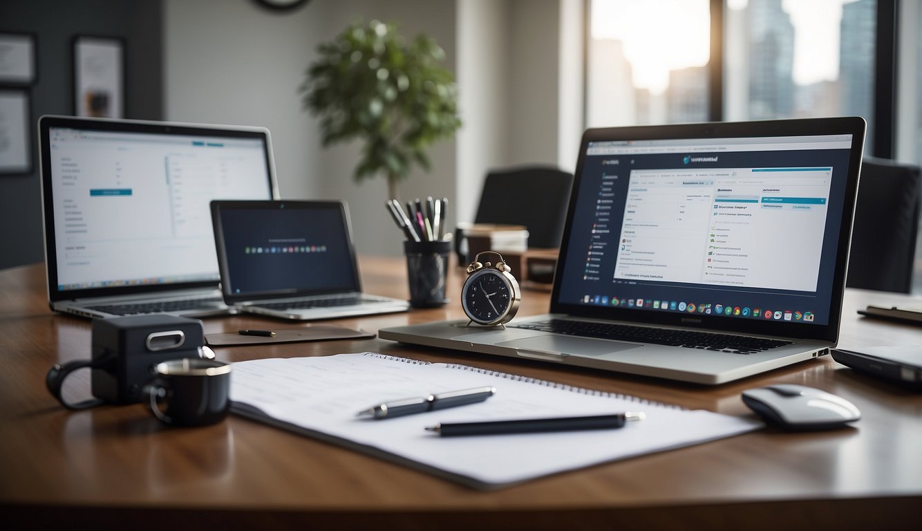 A desk with a laptop, notebook, and pen. A whiteboard with action items listed. A clock showing the end of a meeting