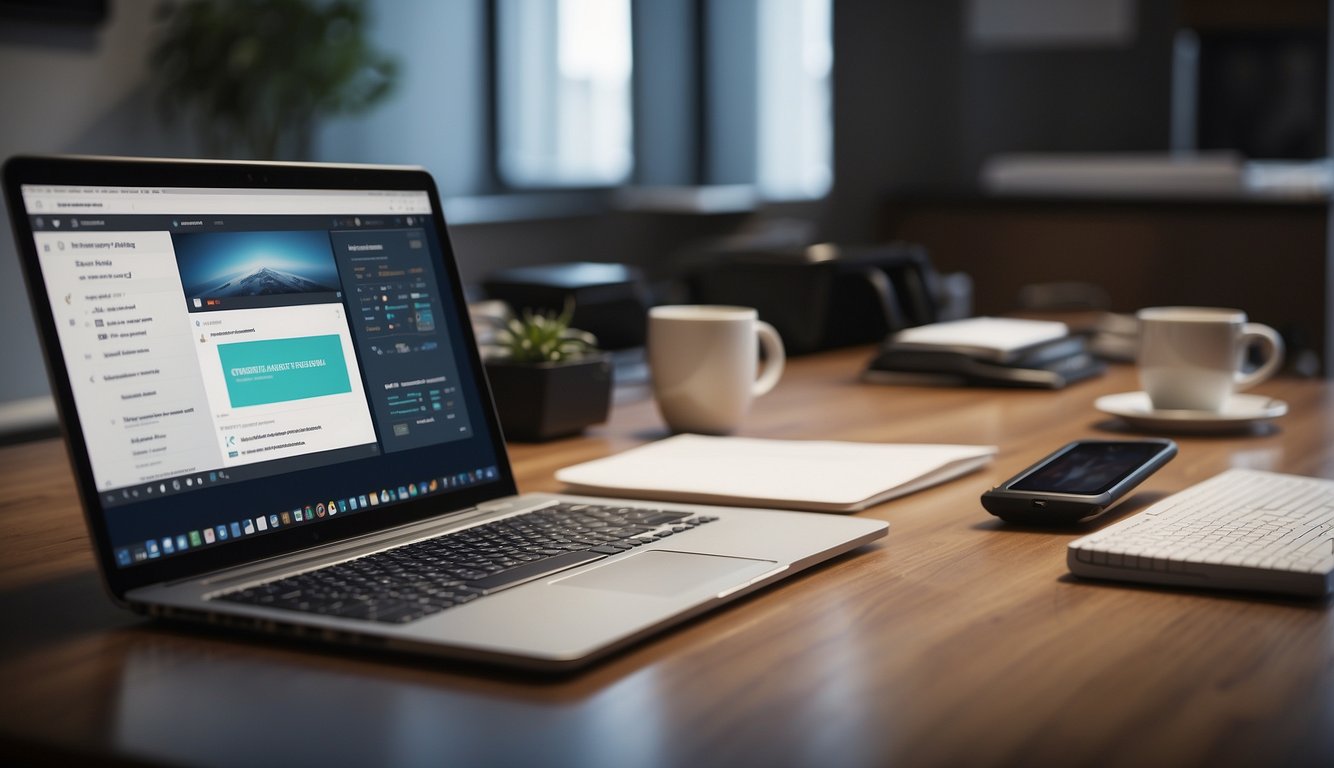 A clutter-free desk with a laptop, notebook, and pen. A neatly organized virtual meeting agenda displayed on the screen. A cozy, well-lit room with minimal distractions