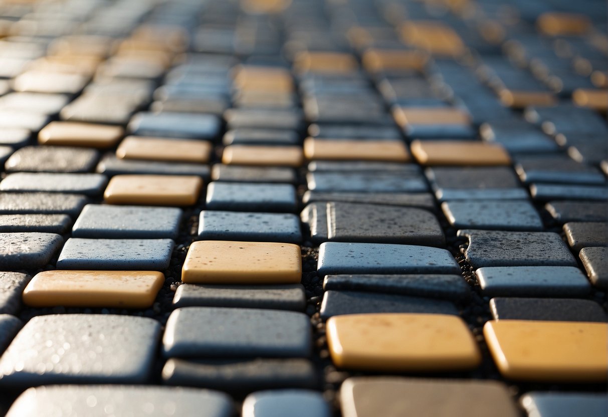 Pavers laid out in a pattern, with a spilled substance nearby. Testing equipment and chemical bottles are present for assessing resistance