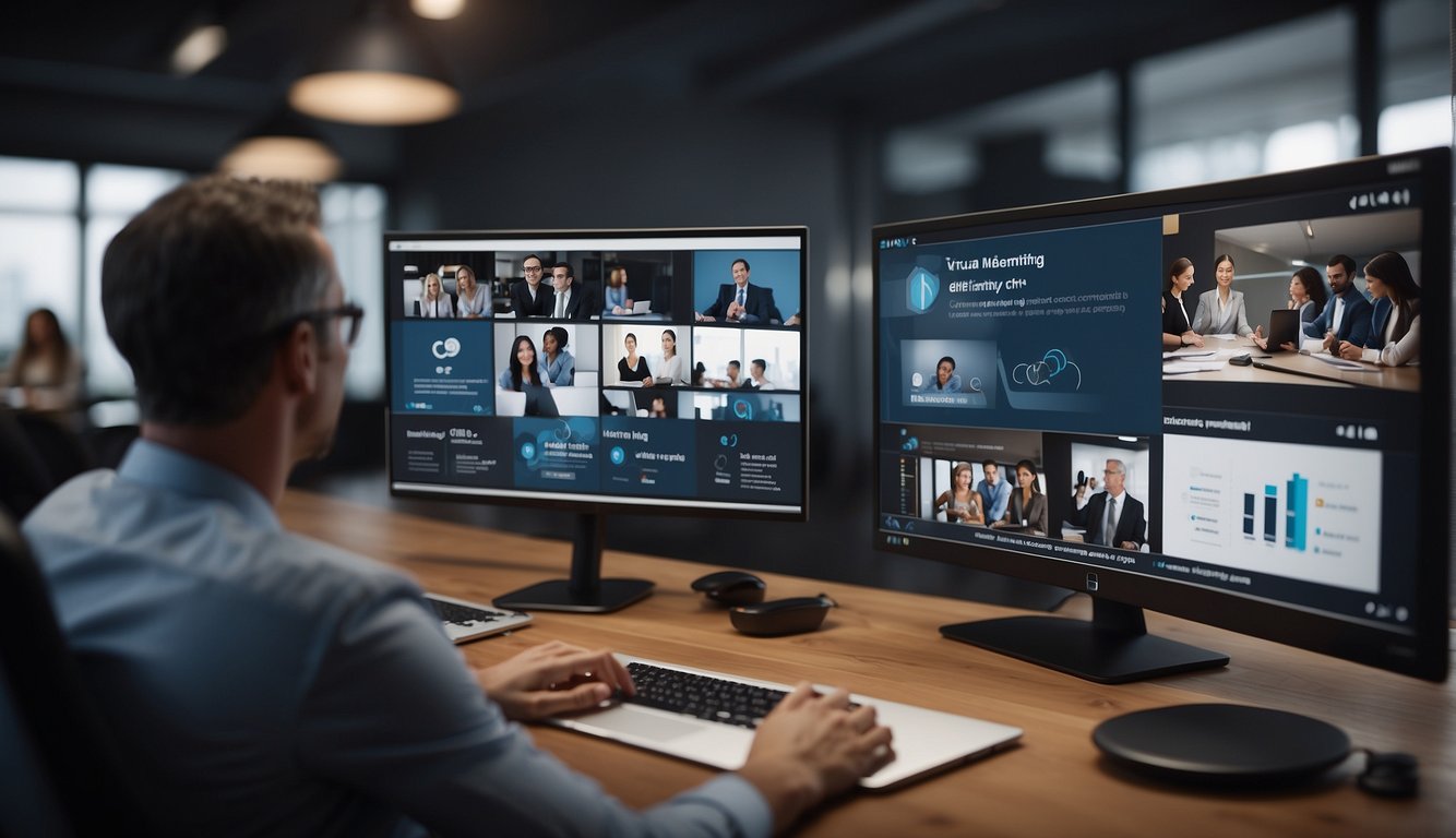 A virtual meeting with multiple participants, each engaged and focused on the discussion. A clear agenda and action items are displayed on the screen