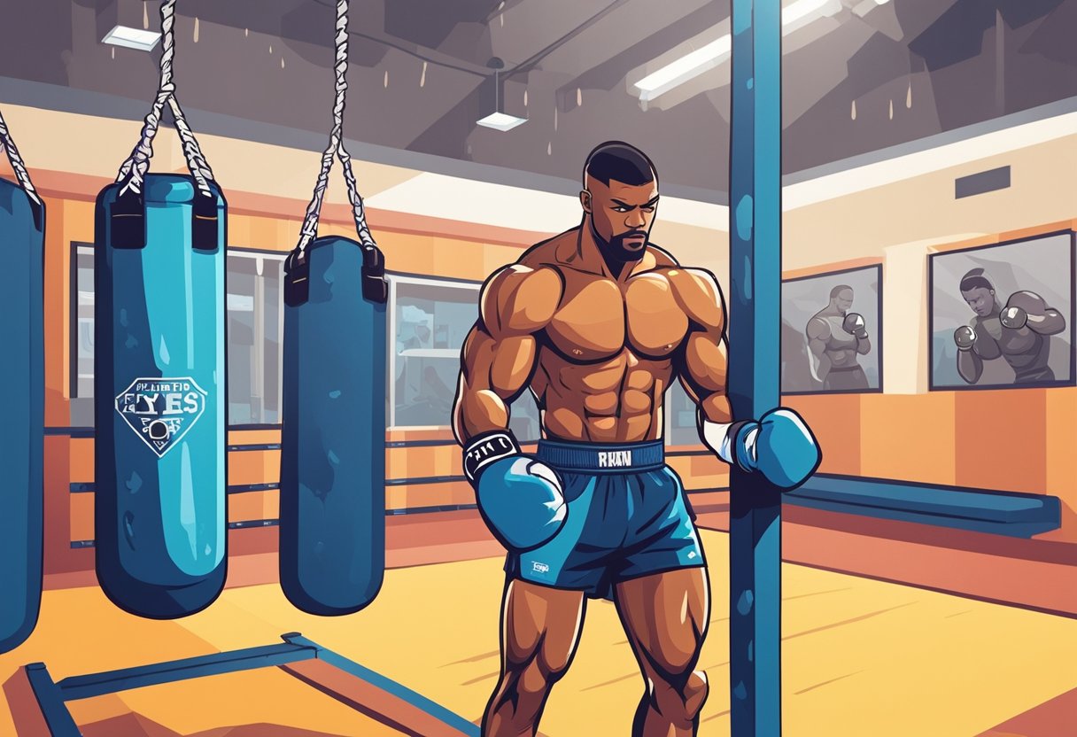 A boxer in a gym, sweat dripping, fists clenched, eyes focused. Surrounding him, motivational quotes plastered on the walls, inspiring him to train like a pro