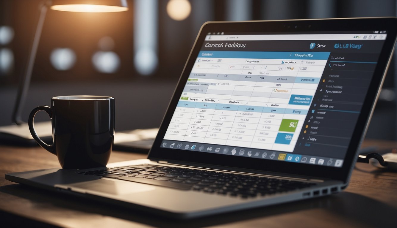 A desk with a laptop, notebook, and pen. A virtual meeting screen showing participants. A checklist of action items and a calendar for scheduling follow-ups