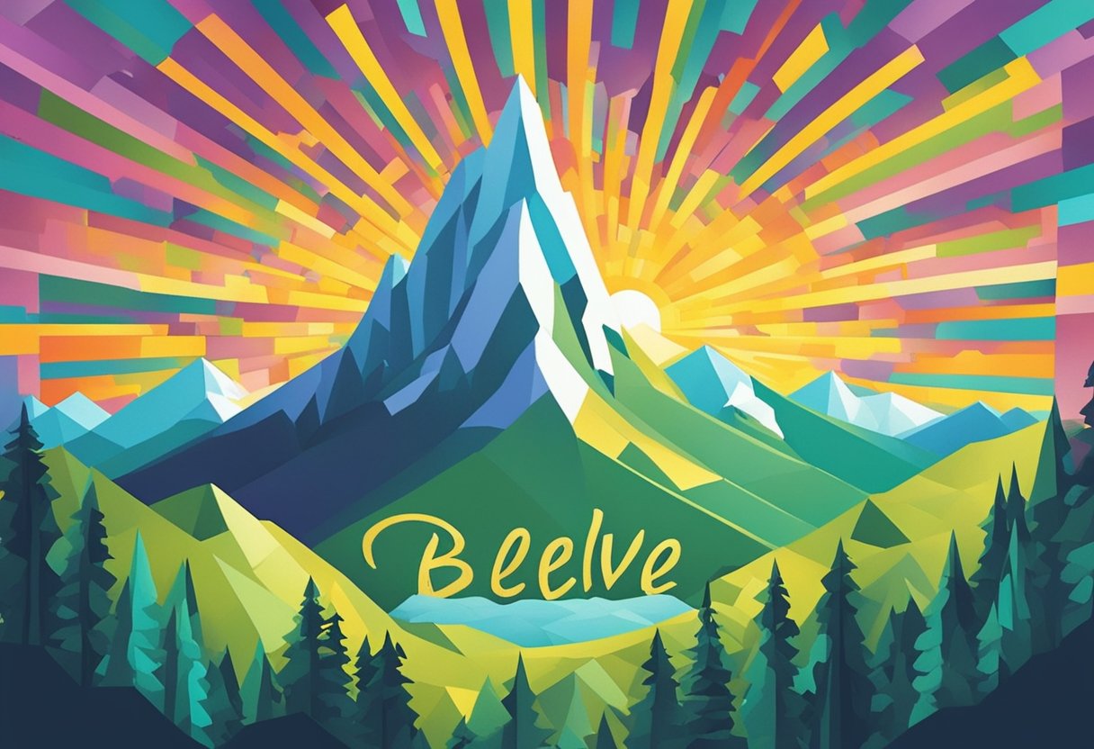 A bright sunburst over a mountain peak with the words "Believe in Yourself" written in bold, inspiring font